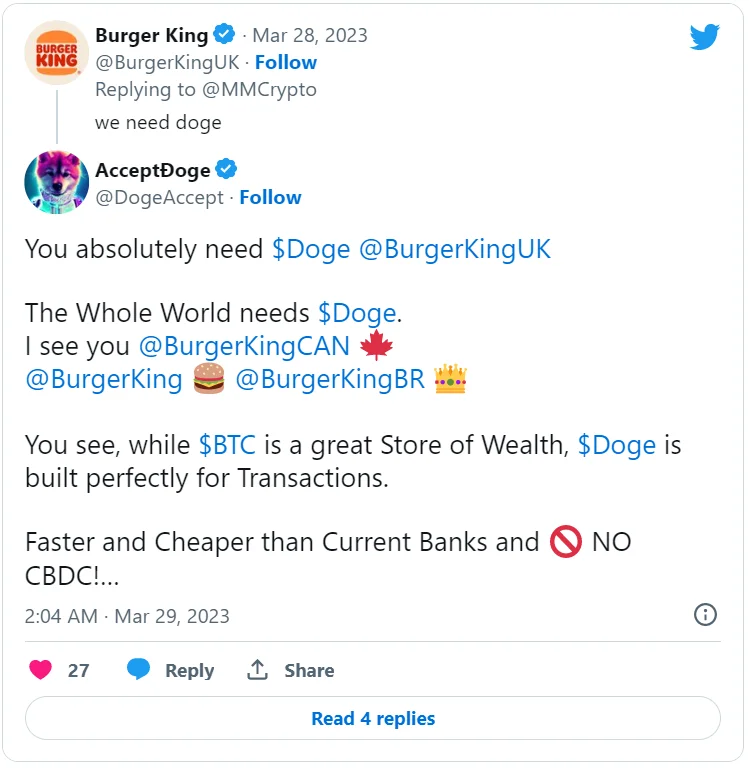 ​Британский Burger King заявил о желании принимать Dogecoin