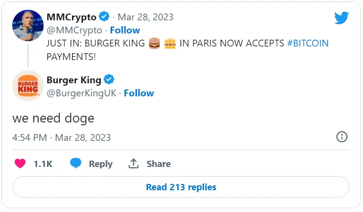 ​Британский Burger King заявил о желании принимать Dogecoin